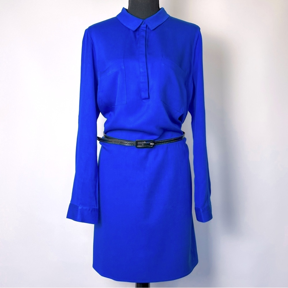 ROYAL BLUE SHIRT DRESS BUTTON TO NECK ROLLED CUFF SIZE L
